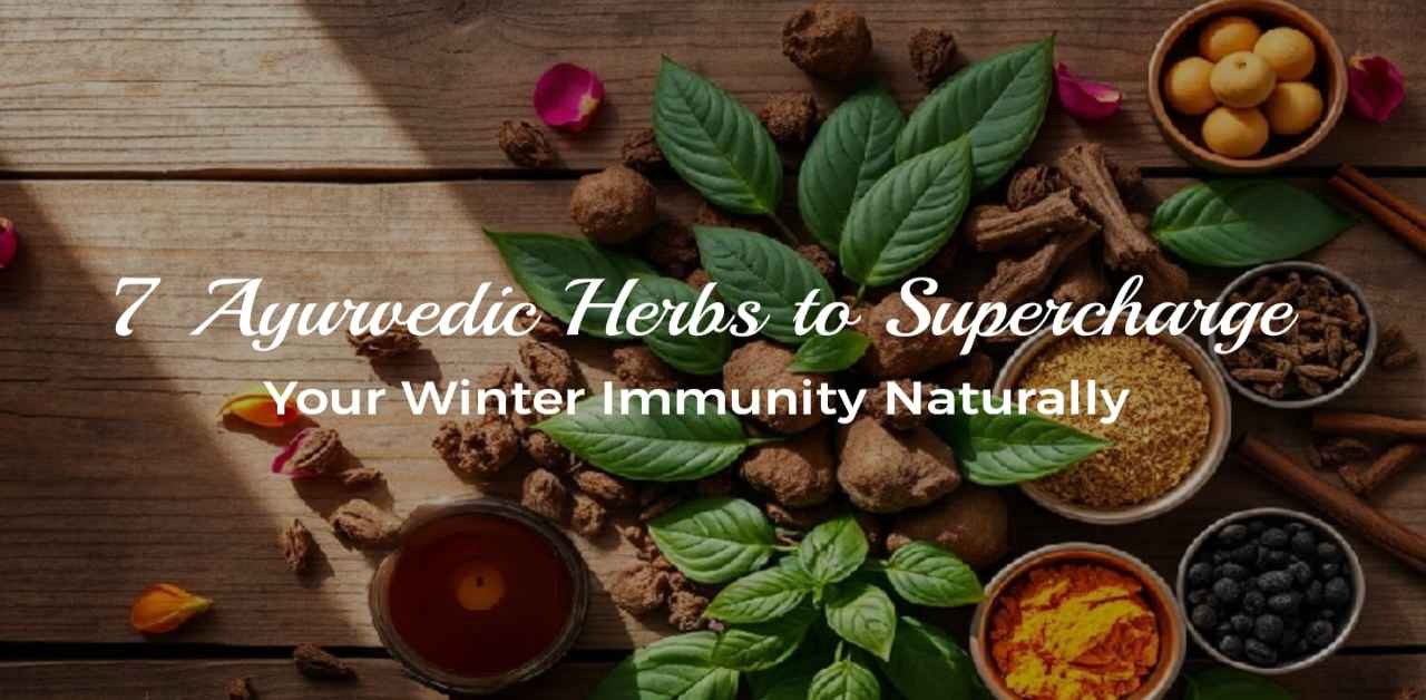 Ayurvedic herbs for winter immunity: Ashwagandha, Tulsi, Turmeric, and Amla arranged on a wooden background