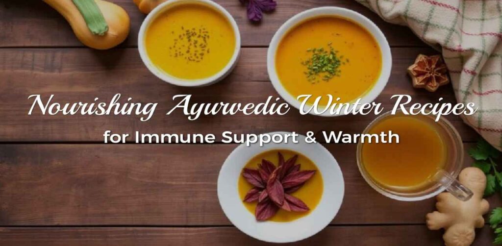 Warming Ayurvedic Winter Recipes for Immune Support – Turmeric Latte, Spiced Butternut Squash Soup, and Ginger-Tulsi Tea on Rustic Wooden Table with Fresh Ingredients